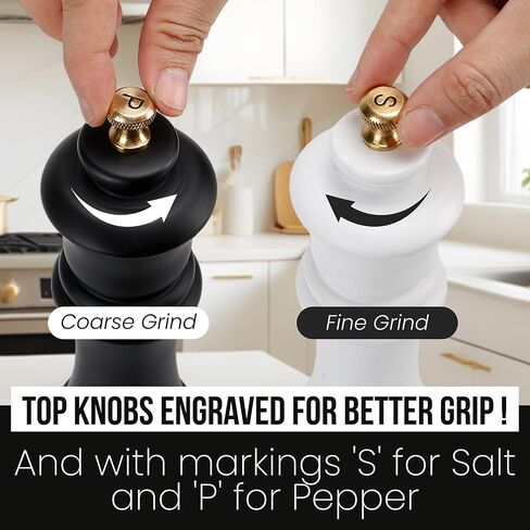 Wooden Salt And Pepper Grinder Set, Manual Refillable Large Salt and Pepper Shaker Mill, Black and White with Adjustable Ceramic Grinding Mechanism for Customized Coarseness, 8 inches Large, Pack of 2 in Saudi Arabia