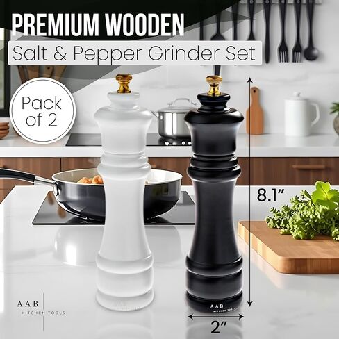 Wooden Salt And Pepper Grinder Set, Manual Refillable Large Salt and Pepper Shaker Mill, Black and White with Adjustable Ceramic Grinding Mechanism for Customized Coarseness, 8 inches Large, Pack of 2 in Saudi Arabia