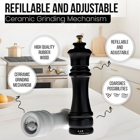 Wooden Salt And Pepper Grinder Set, Manual Refillable Large Salt and Pepper Shaker Mill, Black and White with Adjustable Ceramic Grinding Mechanism for Customized Coarseness, 8 inches Large, Pack of 2 in Saudi Arabia
