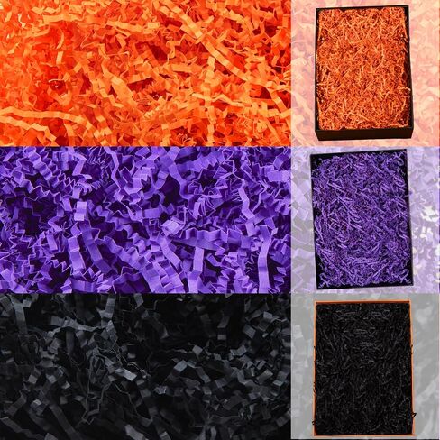 Gloreyan 3 Colors Halloween Crinkle Cut Paper Shred, Black Orange Purple Raffia Paper Sherd Filler Grass for Gift Wrapping Basket Filling Birthdays Weddings Party Supply（10.6 oz） in Kuwait