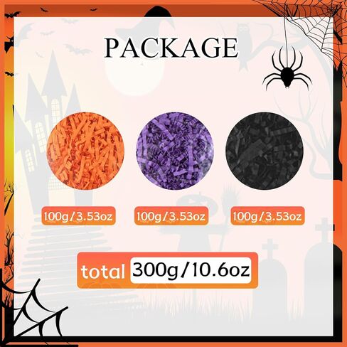 Gloreyan 3 Colors Halloween Crinkle Cut Paper Shred, Black Orange Purple Raffia Paper Sherd Filler Grass for Gift Wrapping Basket Filling Birthdays Weddings Party Supply（10.6 oz） in Kuwait