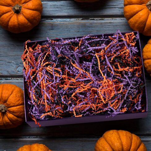 Gloreyan 3 Colors Halloween Crinkle Cut Paper Shred, Black Orange Purple Raffia Paper Sherd Filler Grass for Gift Wrapping Basket Filling Birthdays Weddings Party Supply（10.6 oz） in Kuwait