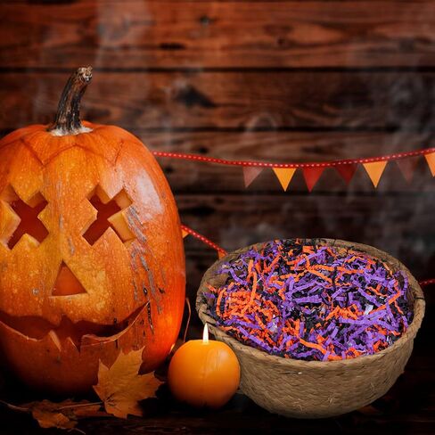Gloreyan 3 Colors Halloween Crinkle Cut Paper Shred, Black Orange Purple Raffia Paper Sherd Filler Grass for Gift Wrapping Basket Filling Birthdays Weddings Party Supply（10.6 oz） in Kuwait