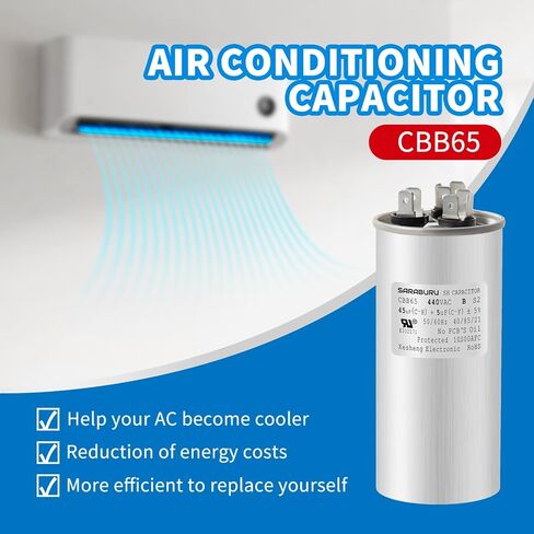 CBB65 المكثفات AC 45+5 UF 45/5 MFD 5 ٪ 370V/440VAC HUNT RUNT CATACITION لمكيف الهواء ، HVAC ، محرك AC ، مكثف مستقيم بارد in Kuwait