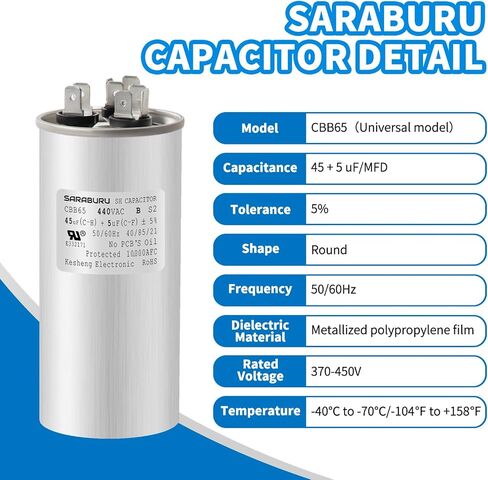 CBB65 المكثفات AC 45+5 UF 45/5 MFD 5 ٪ 370V/440VAC HUNT RUNT CATACITION لمكيف الهواء ، HVAC ، محرك AC ، مكثف مستقيم بارد in Kuwait