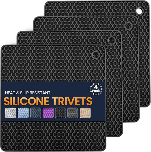 الحصير السيليكون trivet 4 حاملي الأواني المقاومة للحرارة متعددة الأغراض غير المنقولة لفرطات المطبخ ، حصيرة التجفيف ، فتاحة جرة ، حامل ملعقة ، كوستر. (رمادي داكن) in Kuwait