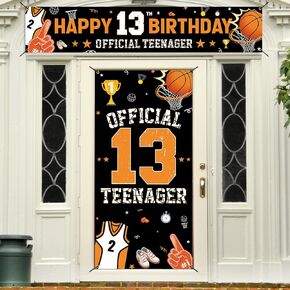 13th Birthday Decorations Kit, Happy 13th Birthday Decoration for Boys, Official Teenager 13 Year Old Birthday Party Door Backdrop Banner Yard Sign Photo Props, Basketball Theme, Fabric