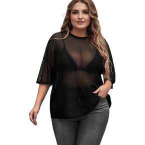 Plus Size Mesh Top, Short Sleeve Black Sheer Top for Women, Cute Tee Shirt Top Plus Size Concert Beach Outfits