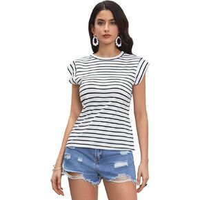 Floerns Women's Casual Cap Sleeve Boat Neck Striped Print Slim Fit Tee Shirt