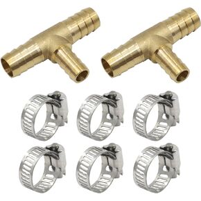Brass Hose Barb Fitting Reducing Tee 5/8" Barbed x 1/2" Barbed x 5/8" Barbed Reducer T-fitting 2pcs with 6pcs Hose Clamps