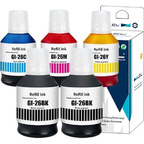 LCL GI-26 GI26 Ink Bottles Replacement for Canon 26 GI26 GI-26 Ink Refill Bottles Compatible with Canon MAXIFY GX7021 GX6021 GX7020 GX6020 GX5020 GX4020 GX3020 Printer (5-Pack,2KCMY)