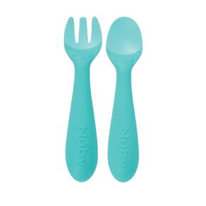 Nuby Silicone Easy Grip Fork & Spoon Set, BPA Free, 12+m in Aqua