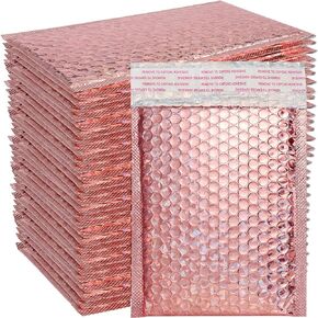 SEUNMUK 50 Pieces Holographic Metallic Bubble Mailers Rose Gold, 11 x 7 Inch Self-adhesive Padded Mailing Envelopes, Rose Gold Cushion Envelopes for Mailing, Shipping, Packing, Rose Gold