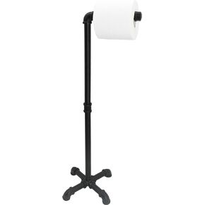 OVOV Industrial Freestanding Toilet Paper Holder Metal Rustic Paper Roll Holder Stand for Bathroom Storage Organization (Black) 24.8"
