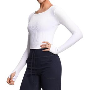 THE GYM PEOPLE Women's Long Sleeve Crop Tops Ribbed Ice Silk Slim Workout Shirts with Thumb Hole