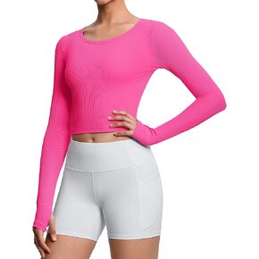 THE GYM PEOPLE Women's Long Sleeve Crop Tops Ribbed Ice Silk Slim Workout Shirts with Thumb Hole