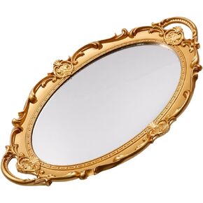 Gold Decorative Mirror Tray 15" x 9.6" Oval Shape Mirror Dish for Perfume Organizer Jewelry Dresser Organizer Vintage Display Serving Tray Vanity Tray
