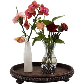 Decorative Tray 12in Round Wood Beaded - Rustic White Serving Tray Risers for Living Room, Coffee Table, Kitchen or Farmhouse Display