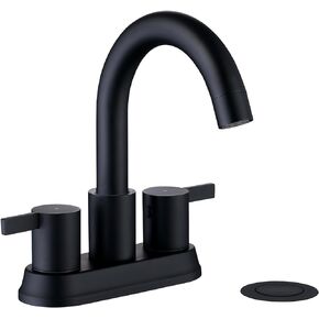 2 Handle 4Inch Bathroom Faucet Black, 360 Swivel Spout Centerset Bathroom Sink Faucet with Metal Pop-up Drain and Water Supply Line, Matte Black