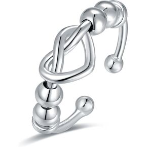 Anxiety-Fidget Heart Adjustable Spinner Ring - S925 Sterling Silver Anti Anxiety Ring with Rotatable Beads Jewelry Christmas Gift Jewelry for Women Daughter Mom Wife