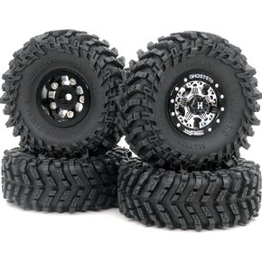 HOBBYSOUL 1.0 Beadlock Wheel Tires Set Black, 64 * 25mm 1.0 tires mounted on Heavy 1.0 Wheels rims For RC Crawler 1/24 Axial AX24 SCX24 FMS FCX24 1/18 TRX4M Upgrade
