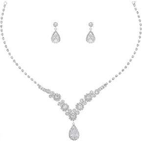 Bridal Wedding Crystal Necklace Dangle Earrings Silver Bride Teardrop Cubic Zirconia Pendant Necklaces Jewelry Prom Flower Rhinestone Earrings Drop Set for Women and Girls