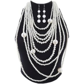Formery Faux Pearl Necklace Earrings Set Fashion Multilayered Simulated Pearls Body Jewlery for Women