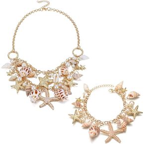 Sea Shell Necklace and Bracelet Set - Starfish Faux Pearl Collar Bib Statement Chunky Necklace and Mermaid Tail Bracelet Jewelry Set for Girl Women