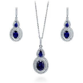 BERRICLE Sterling Silver Halo Simulated Blue Sapphire Oval Cut Cubic Zirconia CZ Fashion Necklace and Earrings Set for Women, Rhodium Plated