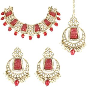 I Jewels 18k Gold Plated Indain Wedding Bollywood Pearl Kundan & Stone Studded Jewellery Necklace Set with Maang Tikka for Women (K7237-1)