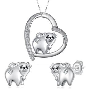 Pug Necklace and Earrings 925 Sterling Silver Pug Gifts Pug Jewelry Gifts for Women Girls
