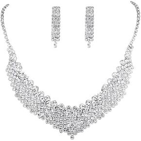 حجر الراين القرط المختنق قلادة مجموعة للنساء الفتيات لذيذ سباركلي الفضة حجر الراين قطرة تتدلى الأقراط فلاش قلادة طويلة خفيفة الوزن شرابة الأذن ترصيع مكعب زركونيا كريستال حفل زفاف العروس in Kuwait