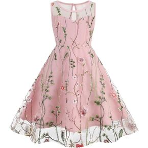 Flower Girls Mesh Floral Embroidered Tulle A Line Dress for Wedding Birthday Party Gown Bridesmaid Pageant Communion