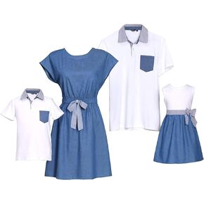 PopReal Family Matching Outfits Mommy and Me Dresses Ruffles Short Sleeve Shirt Bowknot