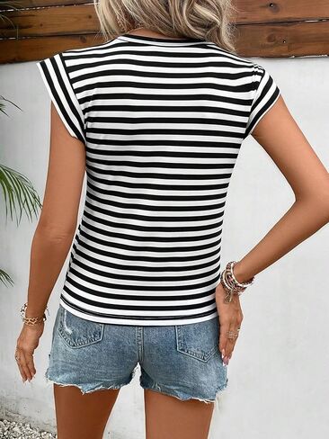 Floerns Women's Casual Cap Sleeve Boat Neck Striped Print Slim Fit Tee Shirt in Saudi Arabia