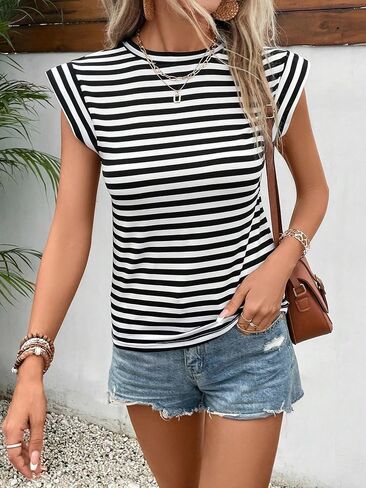 Floerns Women's Casual Cap Sleeve Boat Neck Striped Print Slim Fit Tee Shirt in Saudi Arabia
