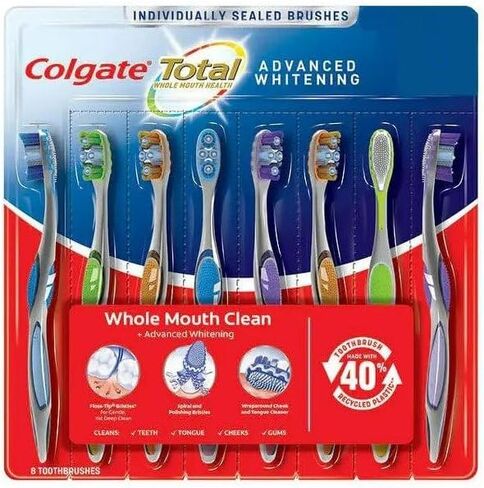 Colgate Total Whole Mouth Health Advanced Whitening, Medium Floss Tip Bristles Wraparound Cheek and Tongue Cleaner Spiral Bristles - 8 Toothbrushes in Saudi Arabia