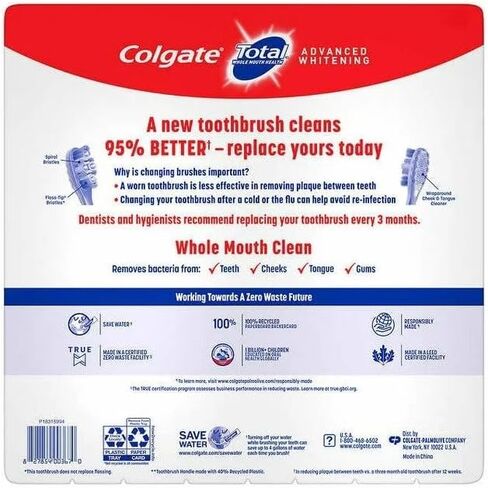 Colgate Total Whole Mouth Health Advanced Whitening, Medium Floss Tip Bristles Wraparound Cheek and Tongue Cleaner Spiral Bristles - 8 Toothbrushes in Saudi Arabia