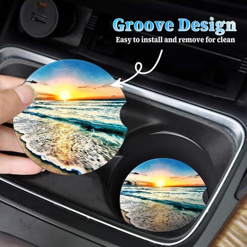 Car Cup Holder Coasters, 2 Pack Absorbent Ceramic Coaster 2.56" Universal Ceramic Stone & Non-Scratch Cork Base Coasters Auto Accessories for Women & Men(Ocean) in Saudi Arabia