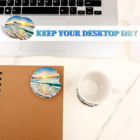 Car Cup Holder Coasters, 2 Pack Absorbent Ceramic Coaster 2.56" Universal Ceramic Stone & Non-Scratch Cork Base Coasters Auto Accessories for Women & Men(Ocean) in Saudi Arabia