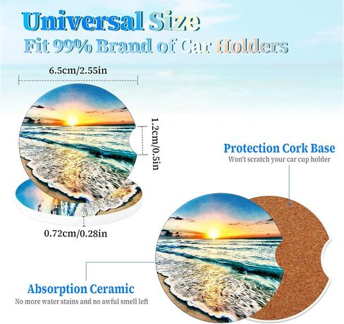 Car Cup Holder Coasters, 2 Pack Absorbent Ceramic Coaster 2.56" Universal Ceramic Stone & Non-Scratch Cork Base Coasters Auto Accessories for Women & Men(Ocean) in Saudi Arabia