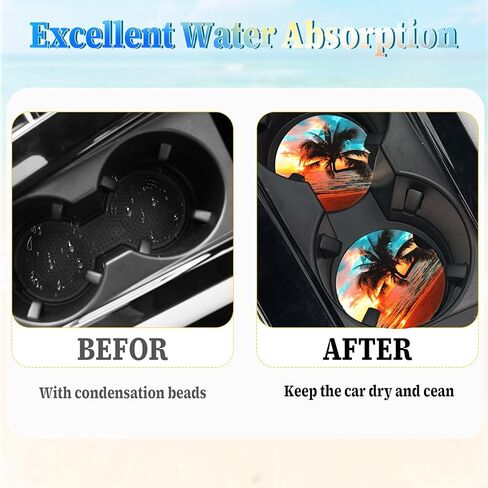 Car Cup Holder Coasters, 2 Pack Absorbent Ceramic Coaster 2.56" Universal Ceramic Stone & Non-Scratch Cork Base Coasters Auto Accessories for Women & Men(Ocean) in Saudi Arabia