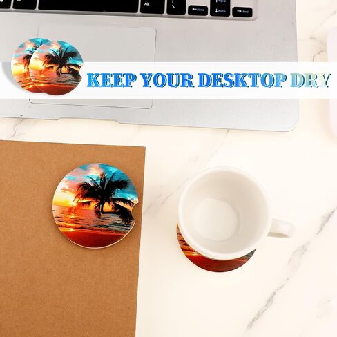 Car Cup Holder Coasters, 2 Pack Absorbent Ceramic Coaster 2.56" Universal Ceramic Stone & Non-Scratch Cork Base Coasters Auto Accessories for Women & Men(Ocean) in Saudi Arabia