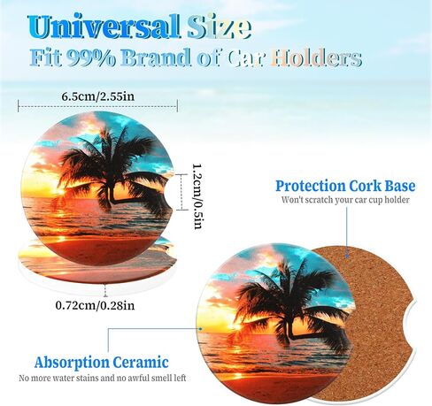 Car Cup Holder Coasters, 2 Pack Absorbent Ceramic Coaster 2.56" Universal Ceramic Stone & Non-Scratch Cork Base Coasters Auto Accessories for Women & Men(Ocean) in Saudi Arabia