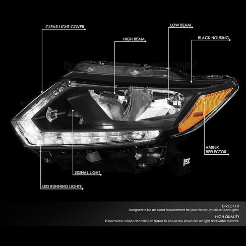 DNA MOTORING HL-OH-NROG14-BK-CL1 Black Housing Headlights With LED DRL Strip Replacement For 14-16 Rogue in Saudi Arabia