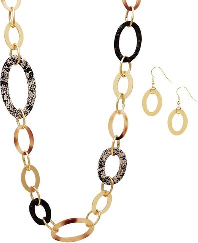 Rosemarie & Jubalee Women's Contemporary Matte Gold Tone Hoop Rings Long Statement Necklace Earrings Jewelry Set, 36"+3" Extender in Saudi Arabia
