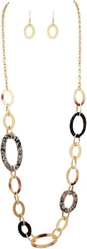 Rosemarie & Jubalee Women's Contemporary Matte Gold Tone Hoop Rings Long Statement Necklace Earrings Jewelry Set, 36"+3" Extender in Saudi Arabia