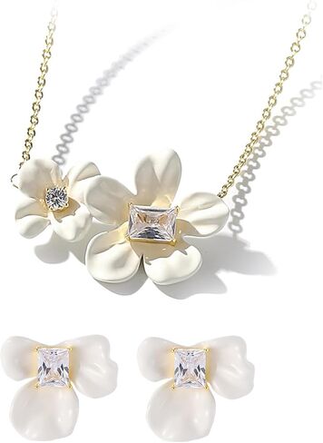 زهرة قلادة ومجموعات القرط للنساء الأزياء قلادة الزهور قلادة بيضاء بوهو زهرة بيان أقراط مع حجر زركونيا يدويا زهرة القرط ترصيع زهرة بيضاء قلادة قلادة in Kuwait