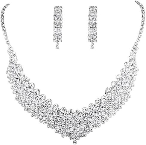 حجر الراين القرط المختنق قلادة مجموعة للنساء الفتيات لذيذ سباركلي الفضة حجر الراين قطرة تتدلى الأقراط فلاش قلادة طويلة خفيفة الوزن شرابة الأذن ترصيع مكعب زركونيا كريستال حفل زفاف العروس in Kuwait