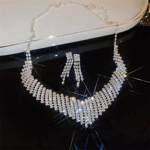 حجر الراين القرط المختنق قلادة مجموعة للنساء الفتيات لذيذ سباركلي الفضة حجر الراين قطرة تتدلى الأقراط فلاش قلادة طويلة خفيفة الوزن شرابة الأذن ترصيع مكعب زركونيا كريستال حفل زفاف العروس in Kuwait